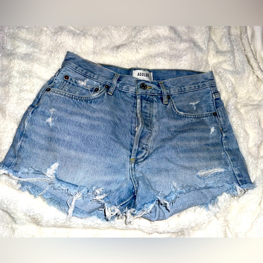 AGOLDE ParkerLight Blue Distressed High-Rise Jean Shorts size 27